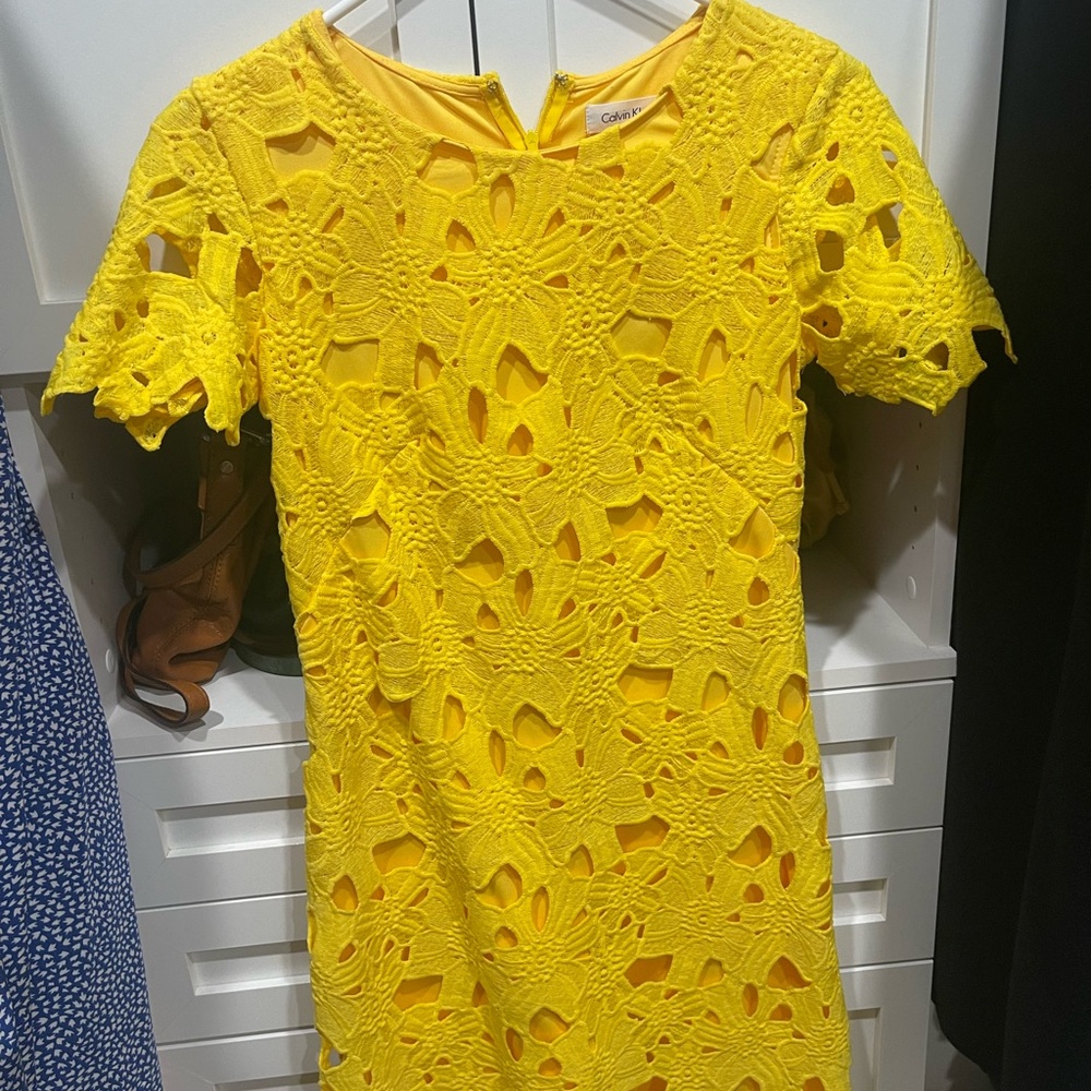 Calvin Klein Yellow Lace Midi Dress